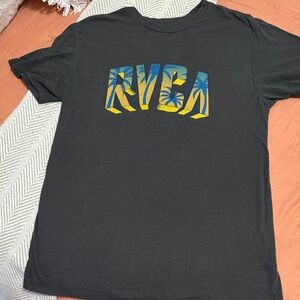 RVCA Black Tee with Tropical Blue and Yellow Design size Large